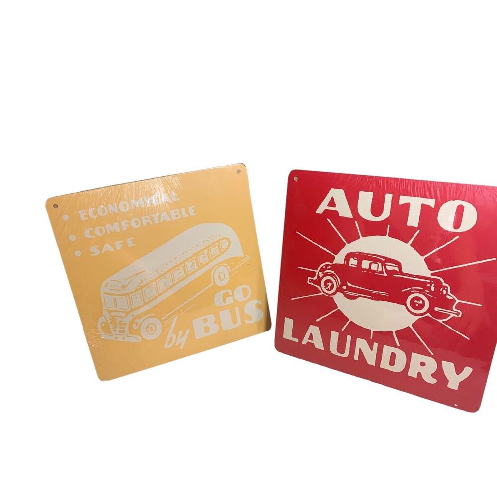 Land of Nod Sign Red Auto Laundry Signs Go By Gus Yellow Set of 2 New Sealed